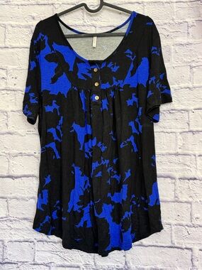 Women’s Black & Royal Blue Floral Button-Front Short Sleeve Top‎ Aodemo Size 2XL